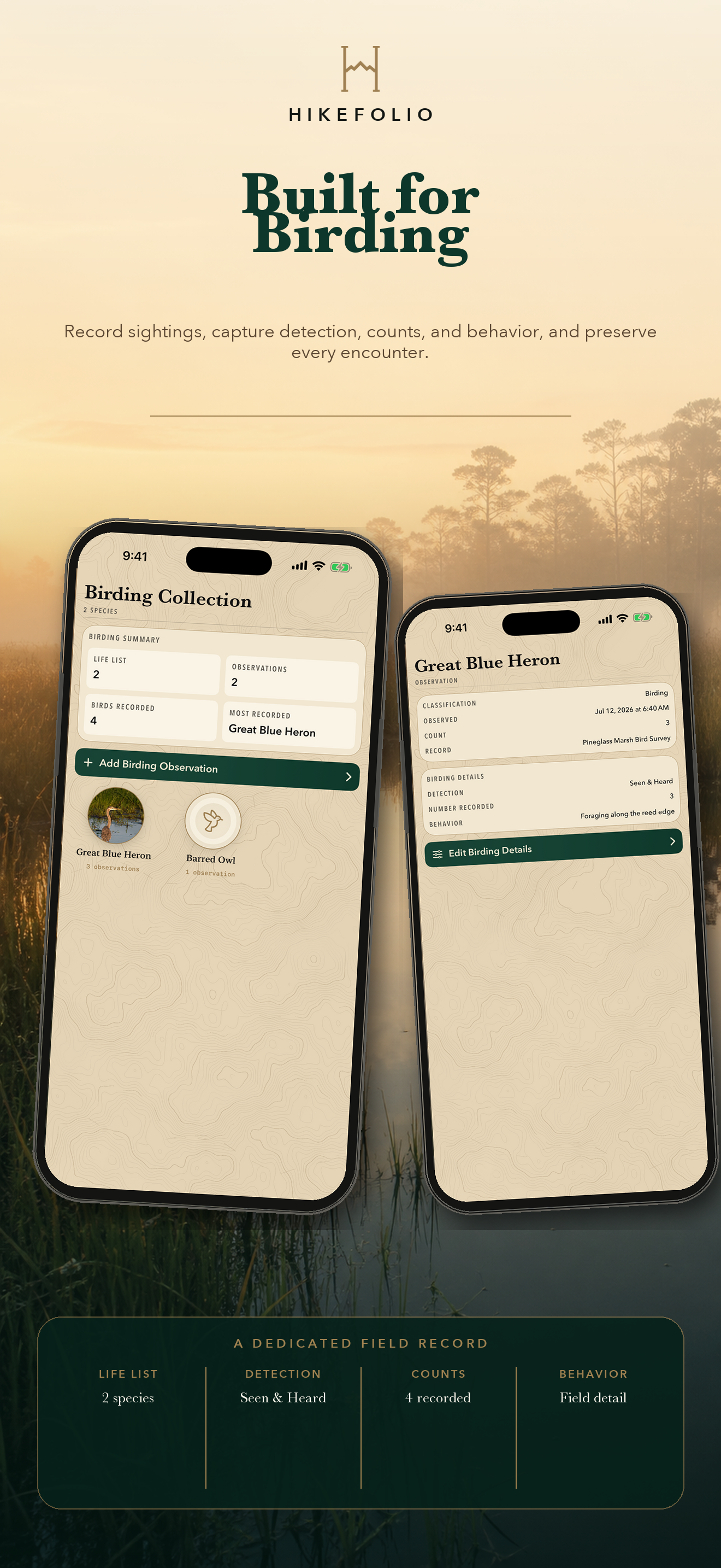 Official HikeFolio Built for Birding campaign card showing Birding Collection and Great Blue Heron records.