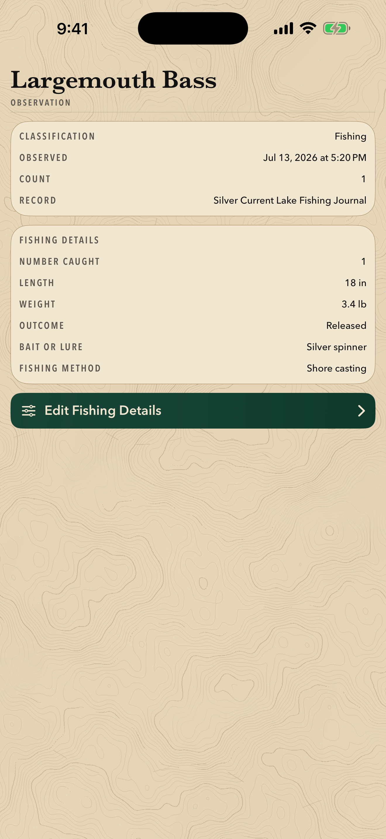 HikeFolio fishing observation screen for a largemouth bass record.