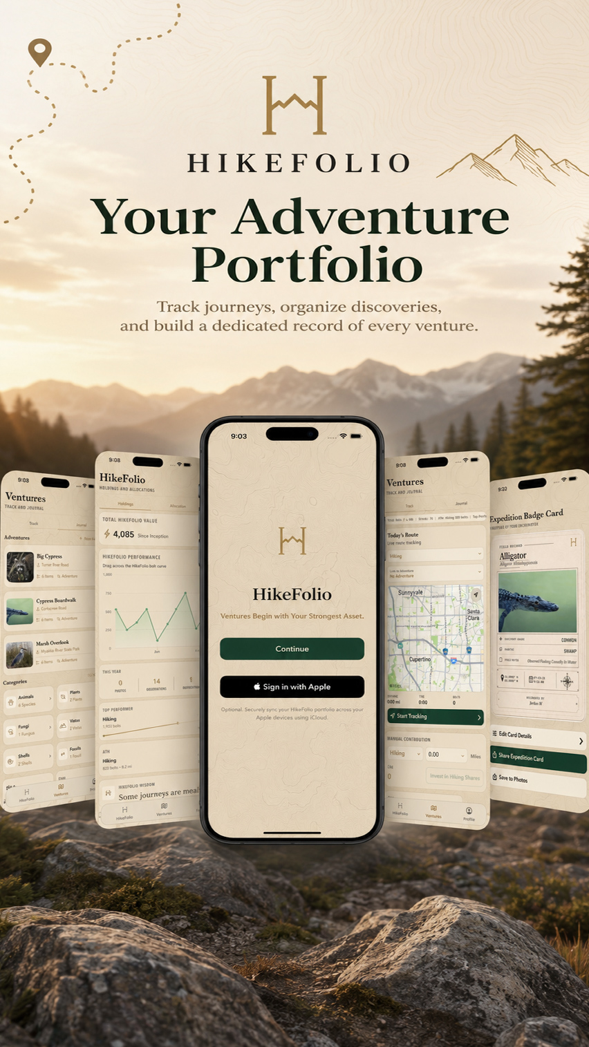 HikeFolio campaign card titled Your Adventure Portfolio, showing five HikeFolio app views against a mountain landscape.